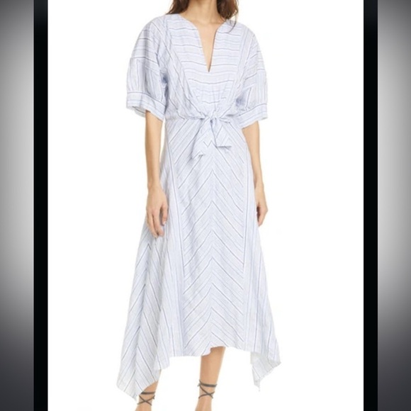 Rebecca Taylor Cotton Striped Blue and White Tie Waist Midi Dress - Picture 1 of 5
